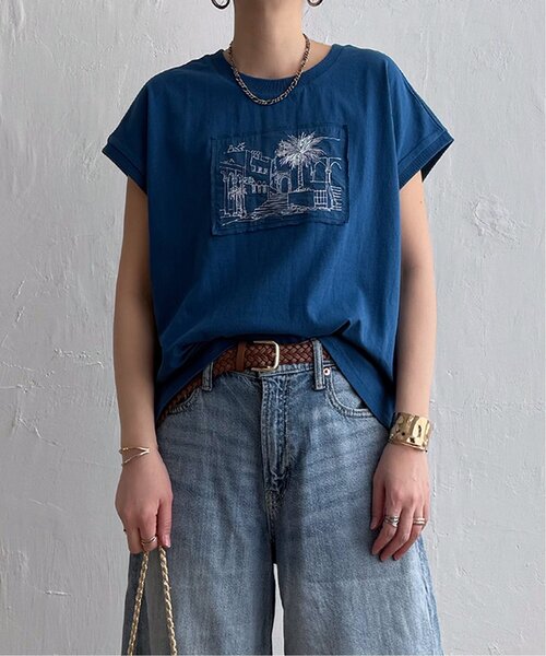36 フレンチスリーブ　花柄　 刺繍　Vネック　Tシャツ　夏　ブルー　Lサイズ LBC（エルビーシー） tシャツ 半袖 冷感フレンチスリーブ刺繍Tシャツ