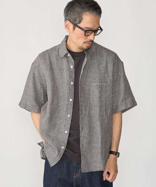 ストライプド リネン ショートスリーブ シャツ　ワンピース　新品　26SS SHIPS（シップス） シャツ 半袖 SHIPS: リネン チェック リラックス
