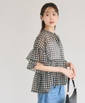ブラウス シャツ 夏 半袖 シアーチェックペプ...の詳細画像2