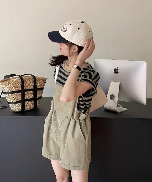 ショート丈 サロペット オーバーオール ルーズ 小花柄 デニム ショート丈 サロペット オーバーオール ハイ