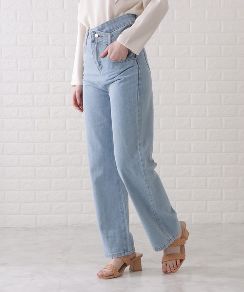 レイヤード ハイウエストＧパン デニムパンツ ワイドパンツ Lace Ladies ジーンズ デニム デニムパンツ ハイウエスト