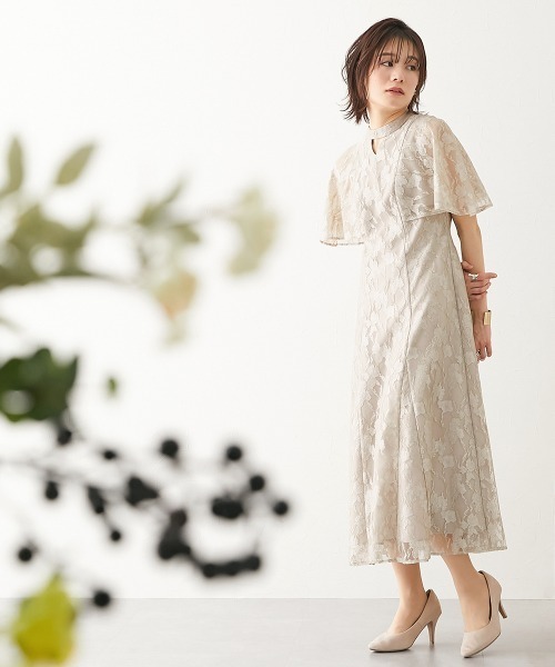 結婚式・パーティードレス】総レースケープワンピースドレス