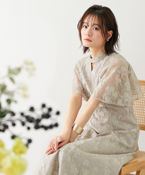 結婚式・パーティードレス】総レースケープワンピースドレス