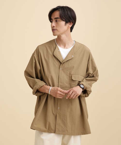 NANO universe シャツ リップストップワイドノーカラーシャツ