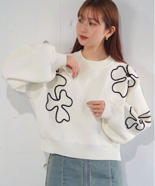 NAPTIME刺繍ダークグレーセーター セール】【mily bilet】 大人の個性派 ニット。ランダム 刺繍