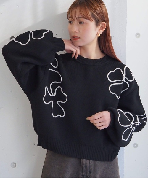 PICONE ピッコーネ 刺繍ワッペン プルオーバーニット カシミヤ 黒 40 スタジオピッコーネ シャツ - 30代・40代・50代・60代の婦人服
