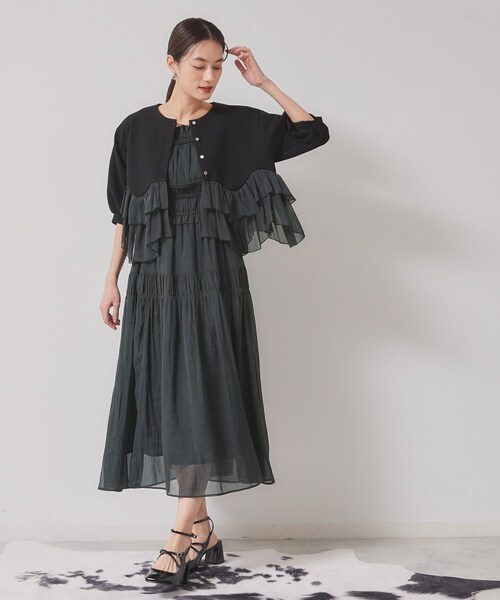 カーディガン 「裾シフォン／パフスリーブ」ペプラムブルゾン レディース SunaUna カーディガン 「裾シフォン／パフスリーブ」ペプラム