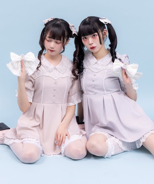 DearMyLove ワンピース レース重ねパールリボンお嬢様ワンピース