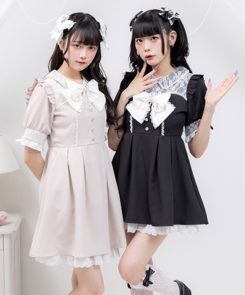 DearMyLove ワンピース レース重ねパールリボンお嬢様ワンピース