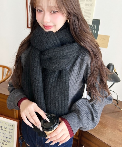 moment+ マフラー ストール 大判リブニットマフラー レディース