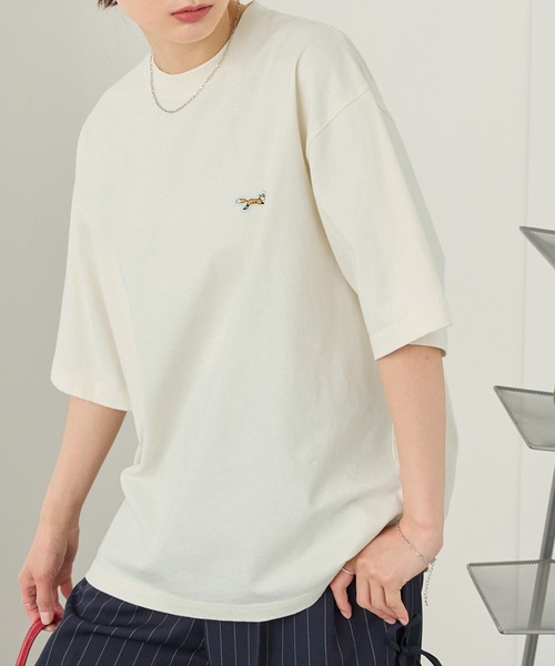 伸縮性抜群 着心地抜群 ワンポイント刺繍入りオリジナルTシャツ(ペキニーズ) 半袖／オレンジ Tシャツ 半袖 ペキニーズ 犬 ロゴ 左胸 プリント シルエット 縦