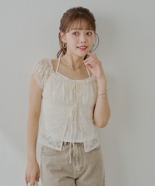 tシャツ リボンレイヤードカットトップス レディース LADY LIKE tシャツ 「春夏新作」胸リボンレイヤード風半袖
