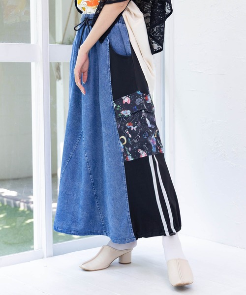 ScoLar スカラー 花 ラビル 宇宙柄 ケミカル加工 デニム スカート