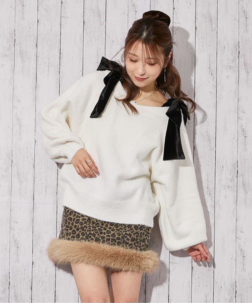 ニット セーター 「ベロアリボン×ふわモコ柔らか」ワイドネックニット