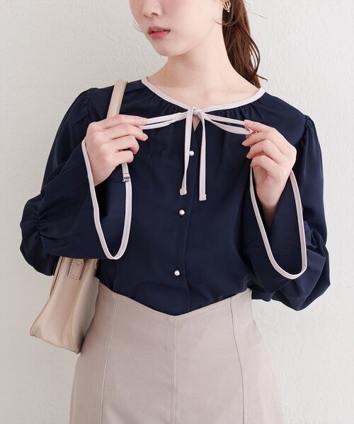 ノーカラーブラウス　フロントデザイン　リボン　綿100% フィグロンドン natural couture｜フロントリボン配色ブラウス | Rakuten Fashion(楽天