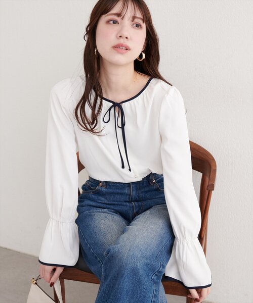 ノーカラーブラウス　フロントデザイン　リボン　綿100% フィグロンドン natural couture ブラウス シャツ フロントリボン配色ブラウス