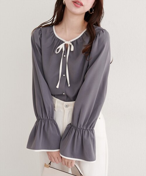 natural couture ブラウス シャツ フロントリボン配色ブラウス