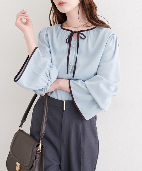 me couture♡リボンブラウス natural couture ブラウス シャツ フロントリボン配色ブラウス