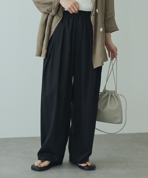 スラックス パンツ ストレッチ 2タック ウエストゴムパンツ レディースの画像