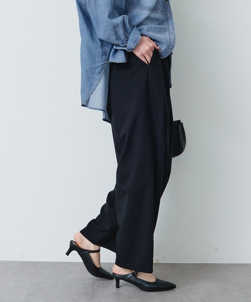 スラックス パンツ ストレッチ 2タック ウエストゴムパンツ レディースの画像