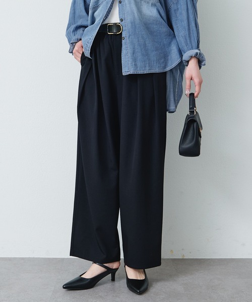 スラックス パンツ ストレッチ 2タック ウエストゴムパンツ レディースの画像