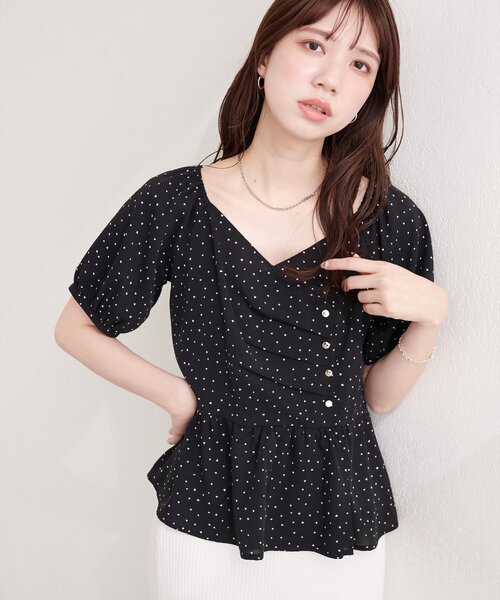半袖パフブラウス　ネイビー　36 natural couture ブラウス シャツ 半袖 アシメデザインパフスリーブ