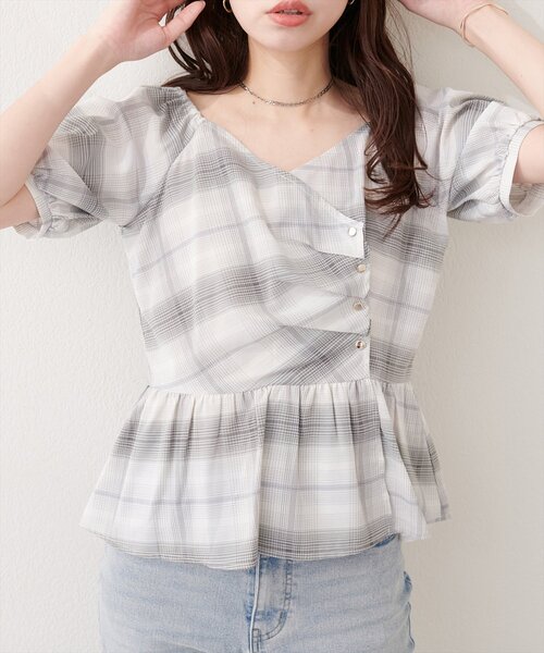 natural couture ブラウス シャツ 半袖 アシメデザインパフスリーブ 