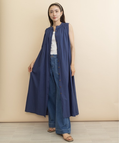 ままhatsutoki ハツトキ　ノースリーブワンピースリネン混 ネイビー シャツワンピース リネン混・ノースリシャツワンピース : ZOZOTOWN