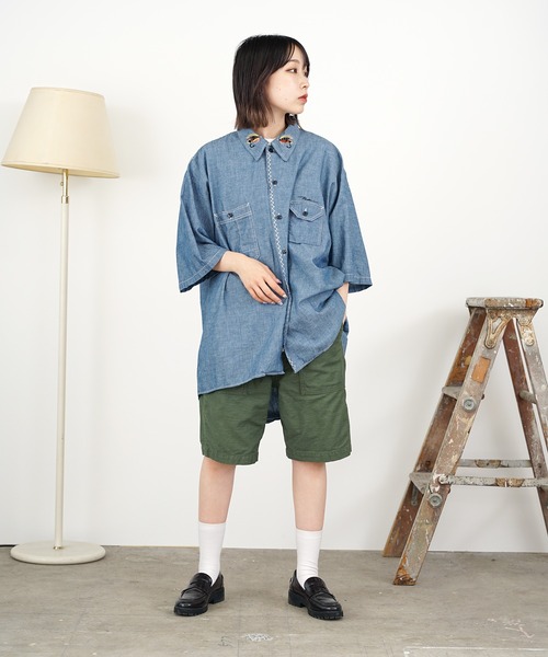 ブラウス シャツ CAL O LINE/キャルオーライン KENDAI CHAMBRAY S/S SHIRT シャツ 刺繍 レディース CAL O LINE/キャルオーライン KENDAI CHAMBRAY S/S SHIRT シャツ