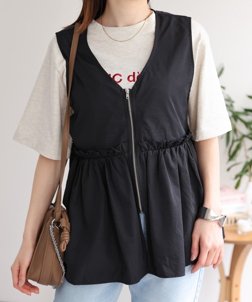 sakishimatokyo ベスト ジレ フロントジップペプラムVネックベスト
