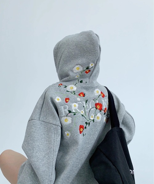 xoxoxo　【希少】花柄刺繍 グレー フード付きパーカー CREARE -LINO- パーカー 新色追加「ユニセックス商品」 フラワー刺繍