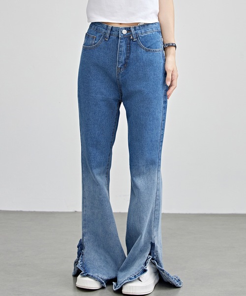 ハイウエストフレアデニムパンツ フレアパンツ デニムパンツ レディース ハイウエスト ポケット付き 裾