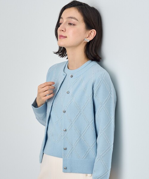 ANAYI ミックスラメパフスリーブVネック カーディガン ブルー Mサイズ