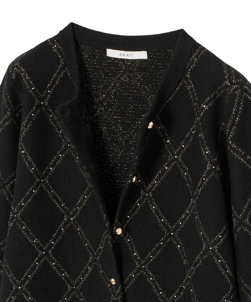 ＡＮＡＹ　アーガイル　カーディガン　ラメ糸　黒　M ANAYI（アナイ） カーディガン ラメアーガイルカーディガン レディース