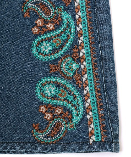 【スペイン製】フラメンコ スカート デニム 花柄 刺繍 ☆S~4L☆ダメージ加工 デニムスカート 花柄刺繍ワッペン 立体感