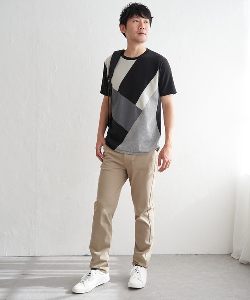 ikka tシャツ 「親子コーデ」ブロックスポンチ斜め切り替えT