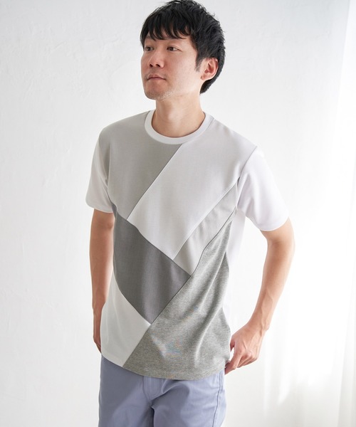 ikka tシャツ 「親子コーデ」ブロックスポンチ斜め切り替えT