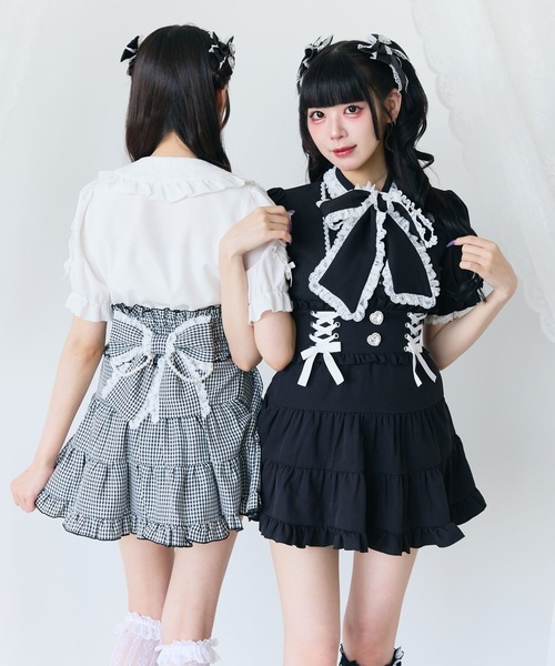 DearMyLove スカート 夏 レースアップリボンパールティアードスカート