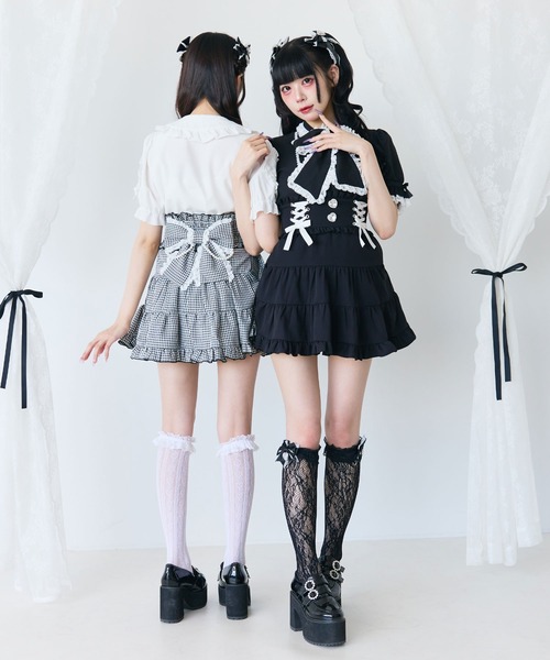DearMyLove スカート 夏 レースアップリボンパールティアードスカート