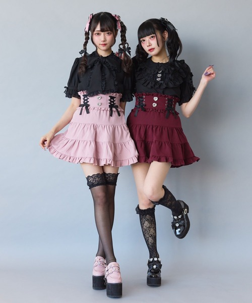 【専用】ディアマイラブ レースアップリボンパールティアードスカート ボルドー DearMyLove スカート レースアップリボンパールティアード