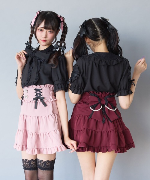 【専用】ディアマイラブ レースアップリボンパールティアードスカート ボルドー DearMyLove スカート レースアップリボンパールティアード