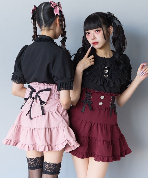 【専用】ディアマイラブ レースアップリボンパールティアードスカート ボルドー DearMyLove スカート レースアップリボンパールティアード