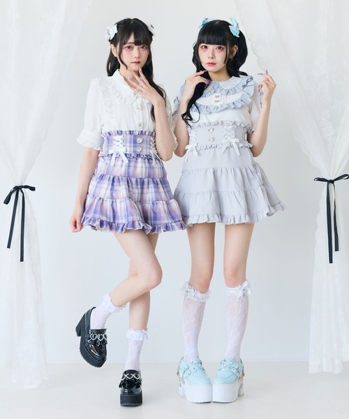 DearMyLove スカート レースアップリボンパールティアード