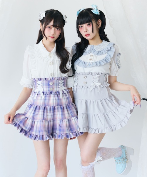 DearMyLove スカート 夏 レースアップリボンパールティアードスカート