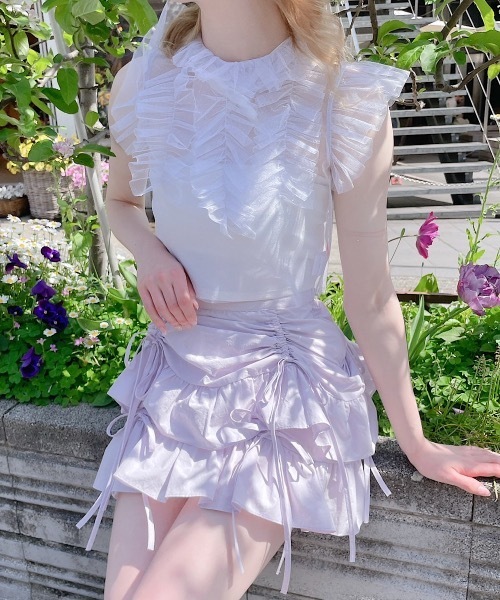 lilLilly tシャツ ラメフリルチュールトップス レディース