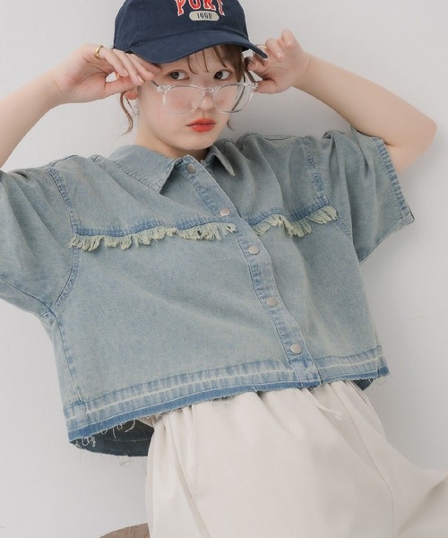 ブラウス シャツ 袖切替フリンジデニムシャツ レディース RETROGIRL ブラウス シャツ フリンジデニムSH レディース