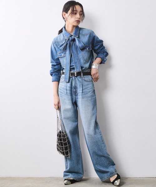 リボン付きライトブルー長袖シャツ CHIC STYLE 「CHIC STYLE」 長袖シャツ 3L ライトブルー