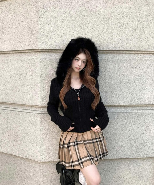 あや♡UNITED TOKYO♡ファー付きニットロングカーデ moment+ パーカー フードファージップアップケーブルニット