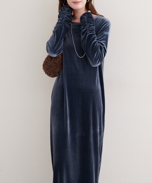 natural couture ワンピース 袖口シャーリングベロアワンピ : ZOZOTOWN