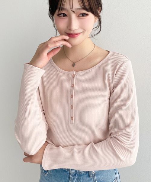 moment+ tシャツ デコルテヘンリーネック長袖リブトップス レディース
